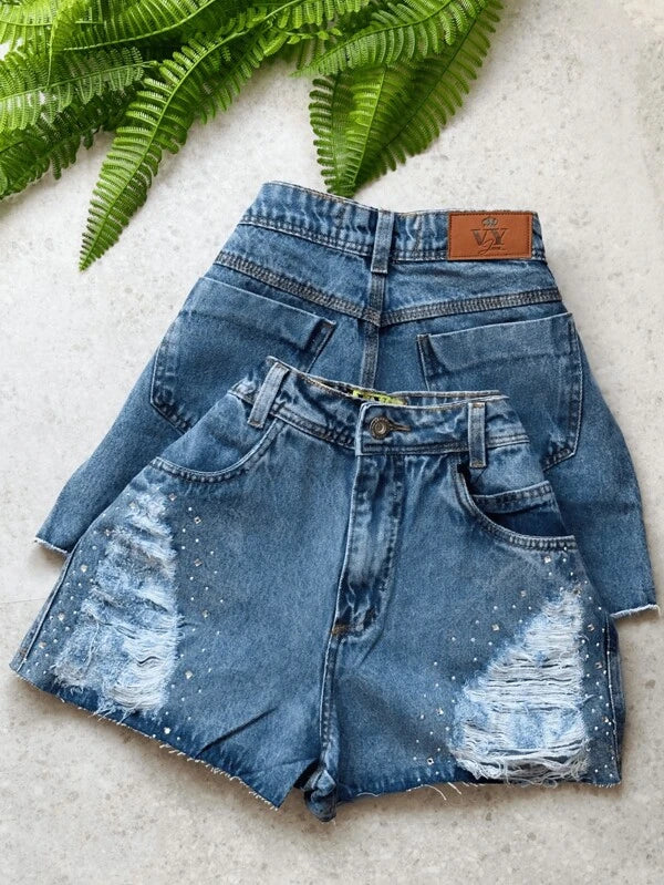 Short Jeans Feminino Pedrinhas Puído Brilho Com Bolso