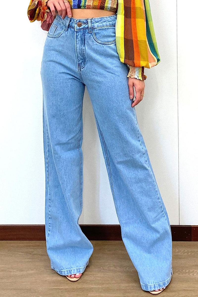 Calça Wide Leg Reta Marmorizada  Jeans Claro