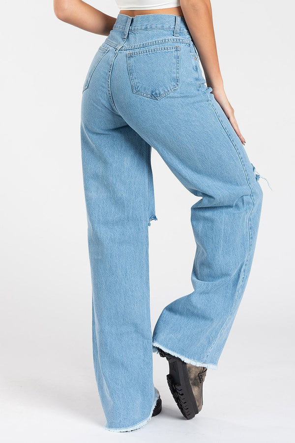 Calça Wide Leg Desfiada Marmorizada  Jeans Claro