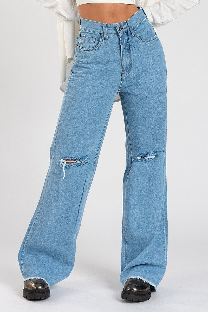 Calça Wide Leg Desfiada Marmorizada  Jeans Claro