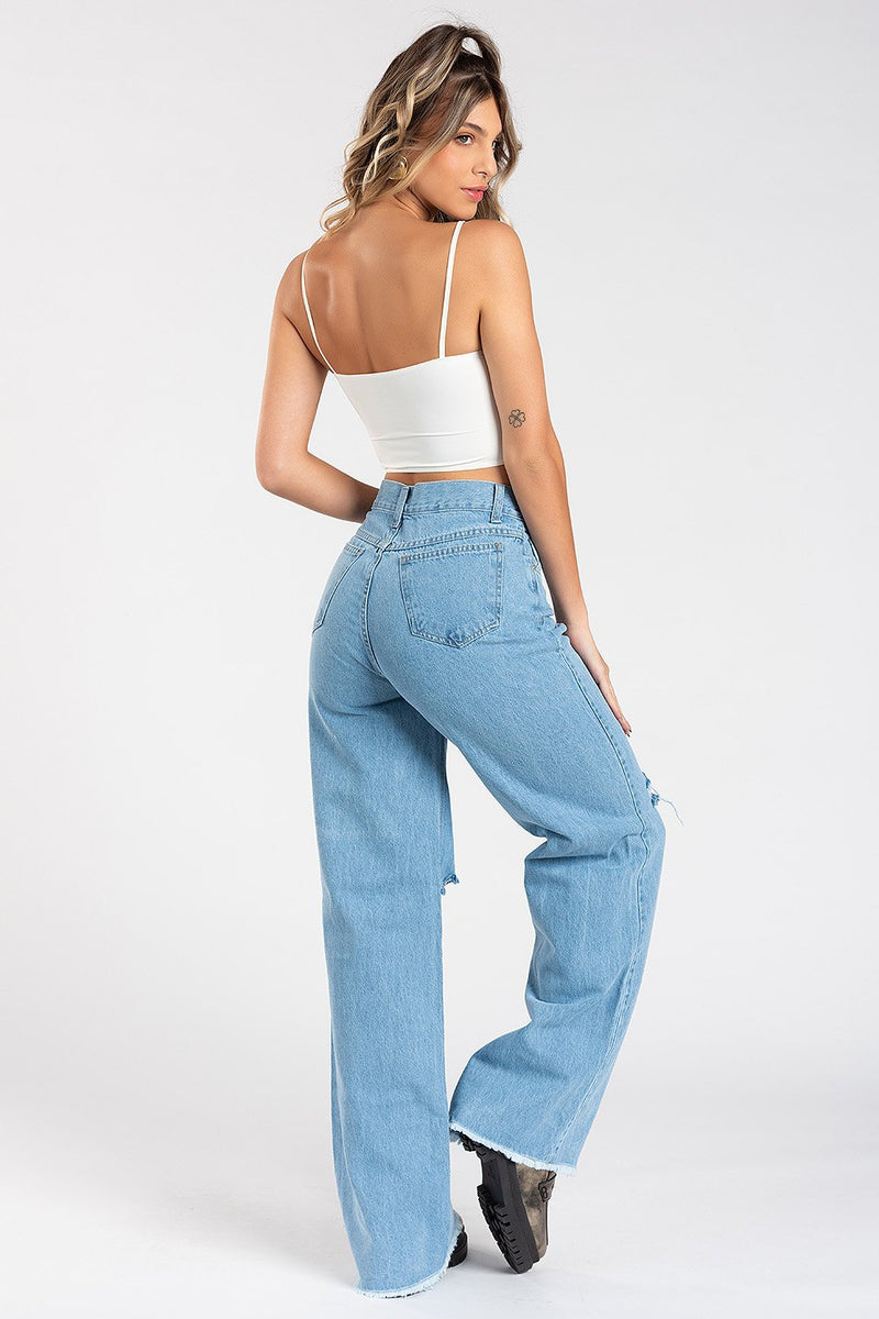 Calça Wide Leg Desfiada Marmorizada  Jeans Claro