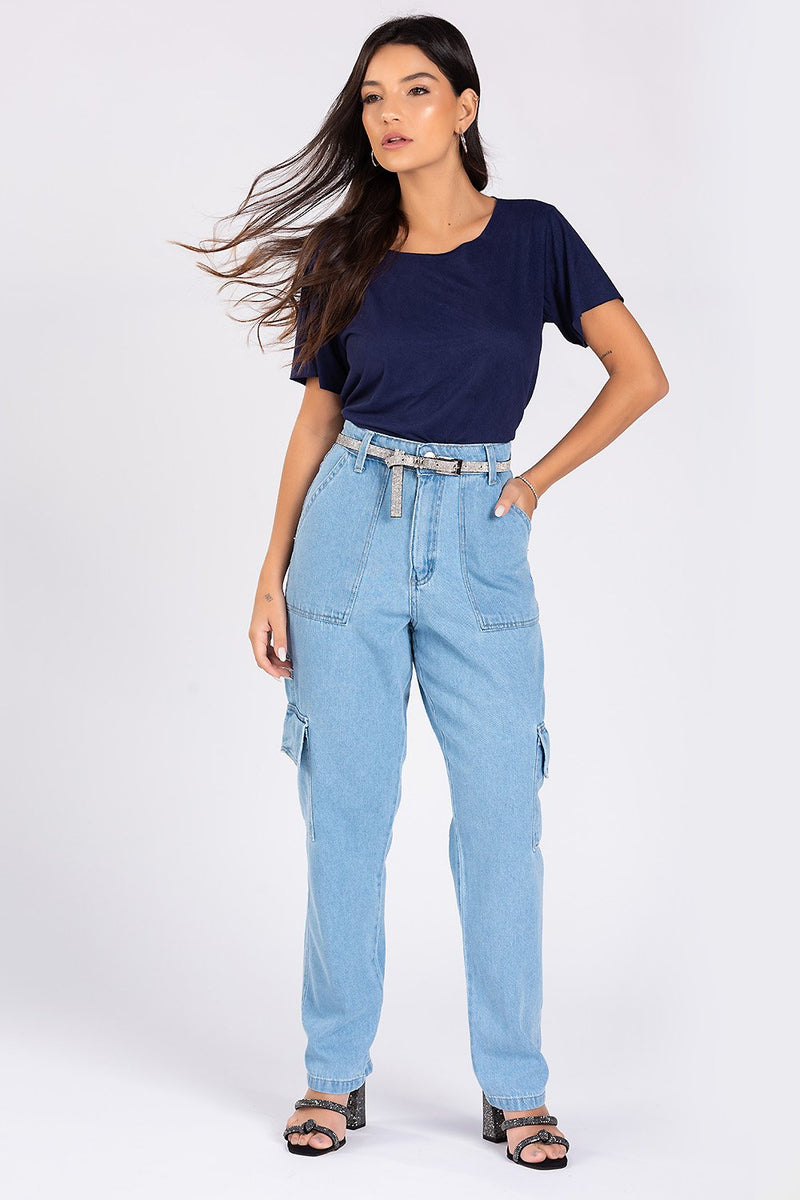 Calça Jeans Mom Cargo Lunna  Jeans Médio