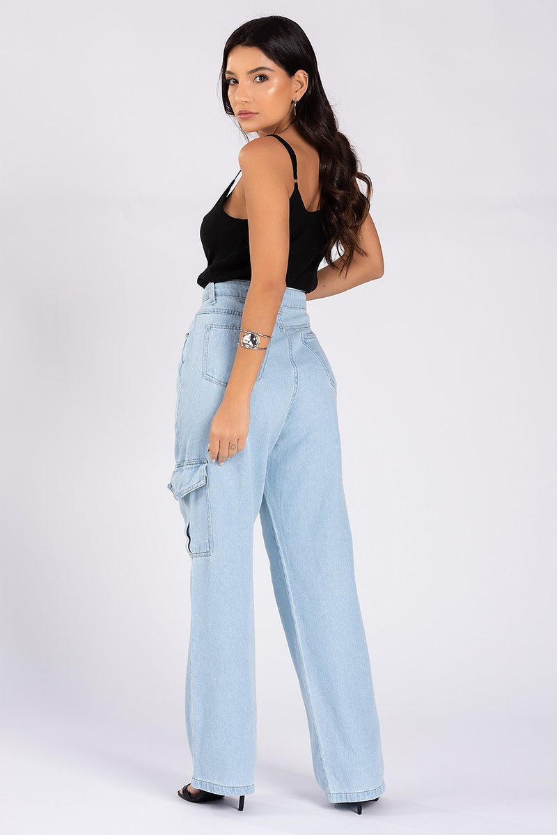 Calça Jeans Wide Leg Cargo Bia  Jeans Claro