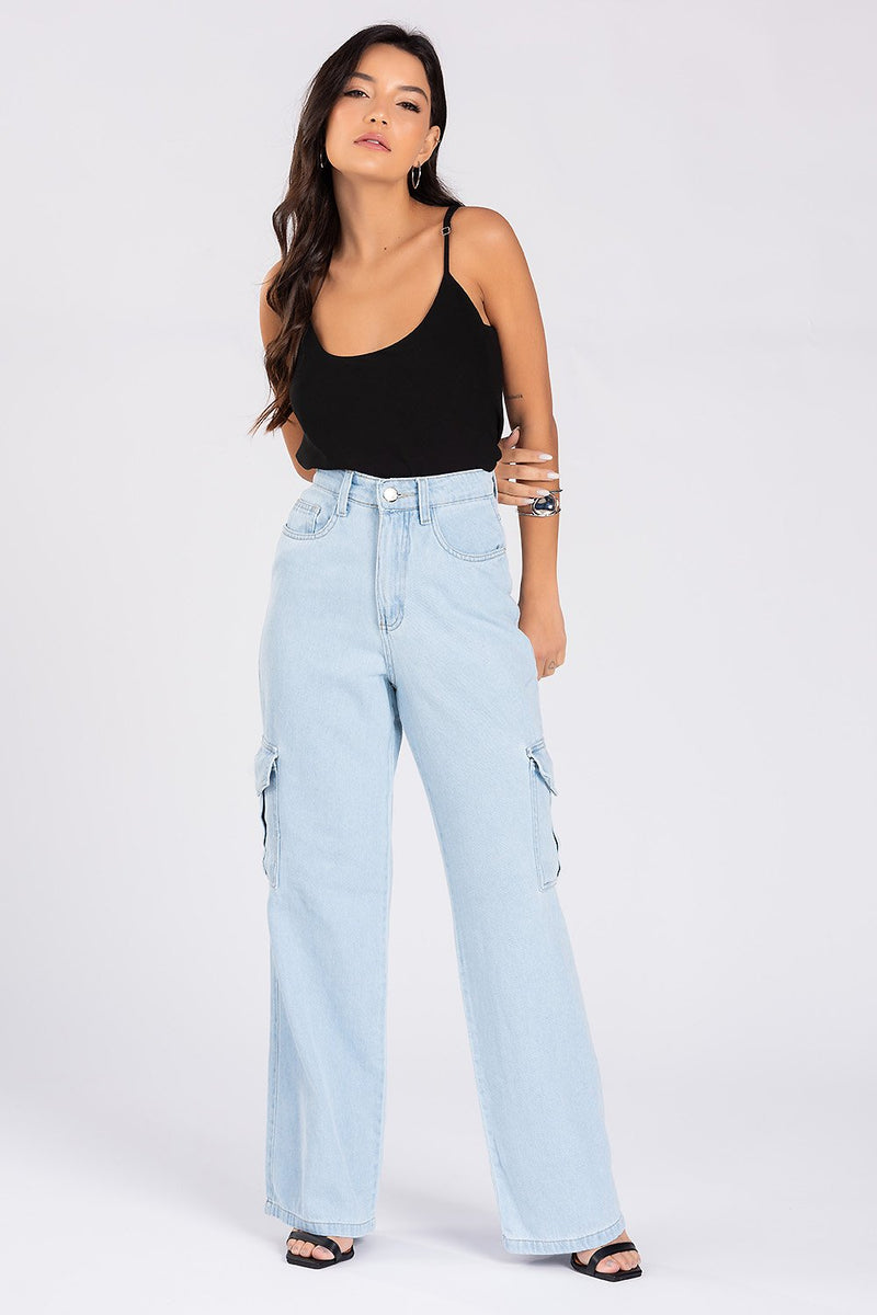 Calça Jeans Wide Leg Cargo Bia  Jeans Claro