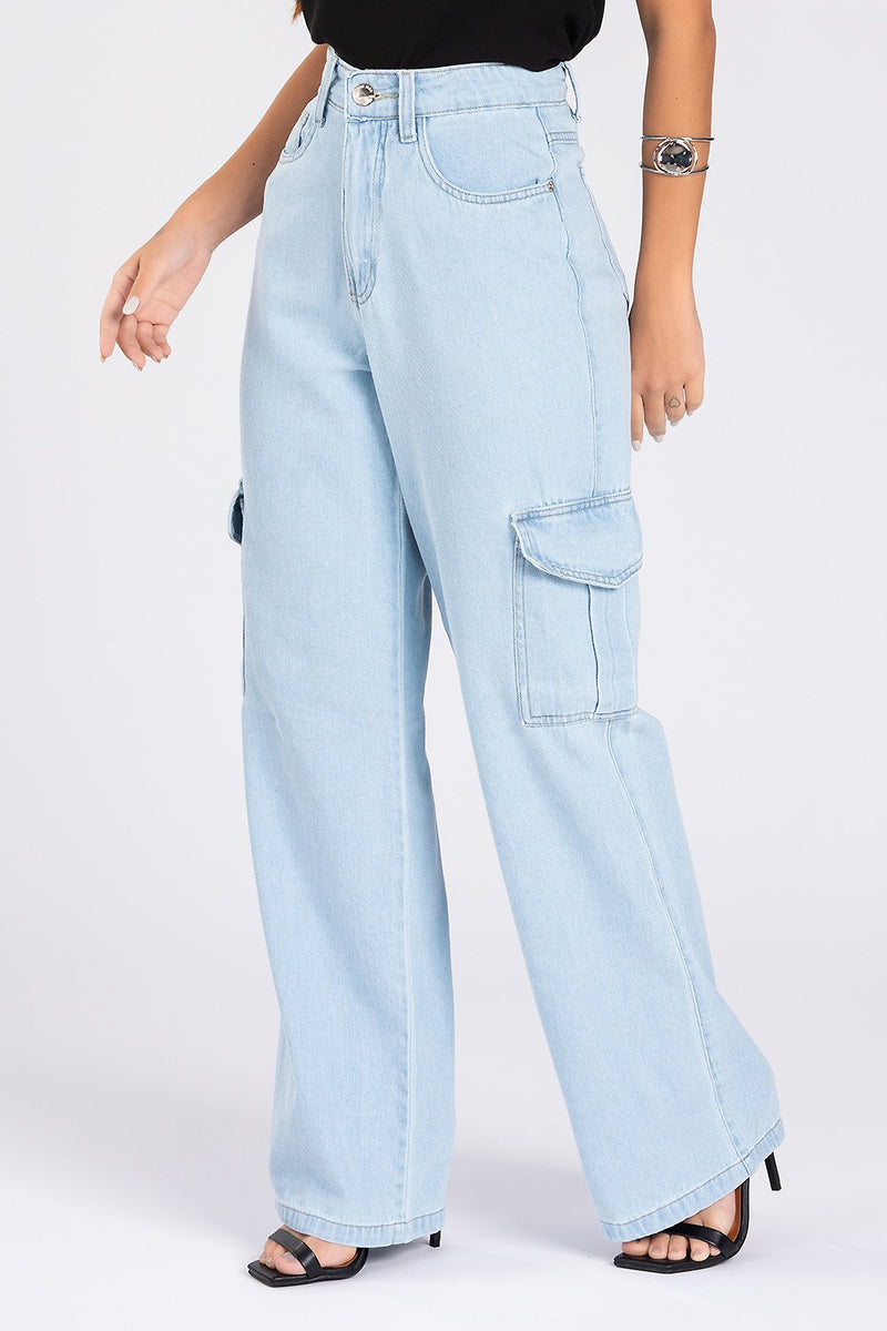 Calça Jeans Wide Leg Cargo Bia  Jeans Claro